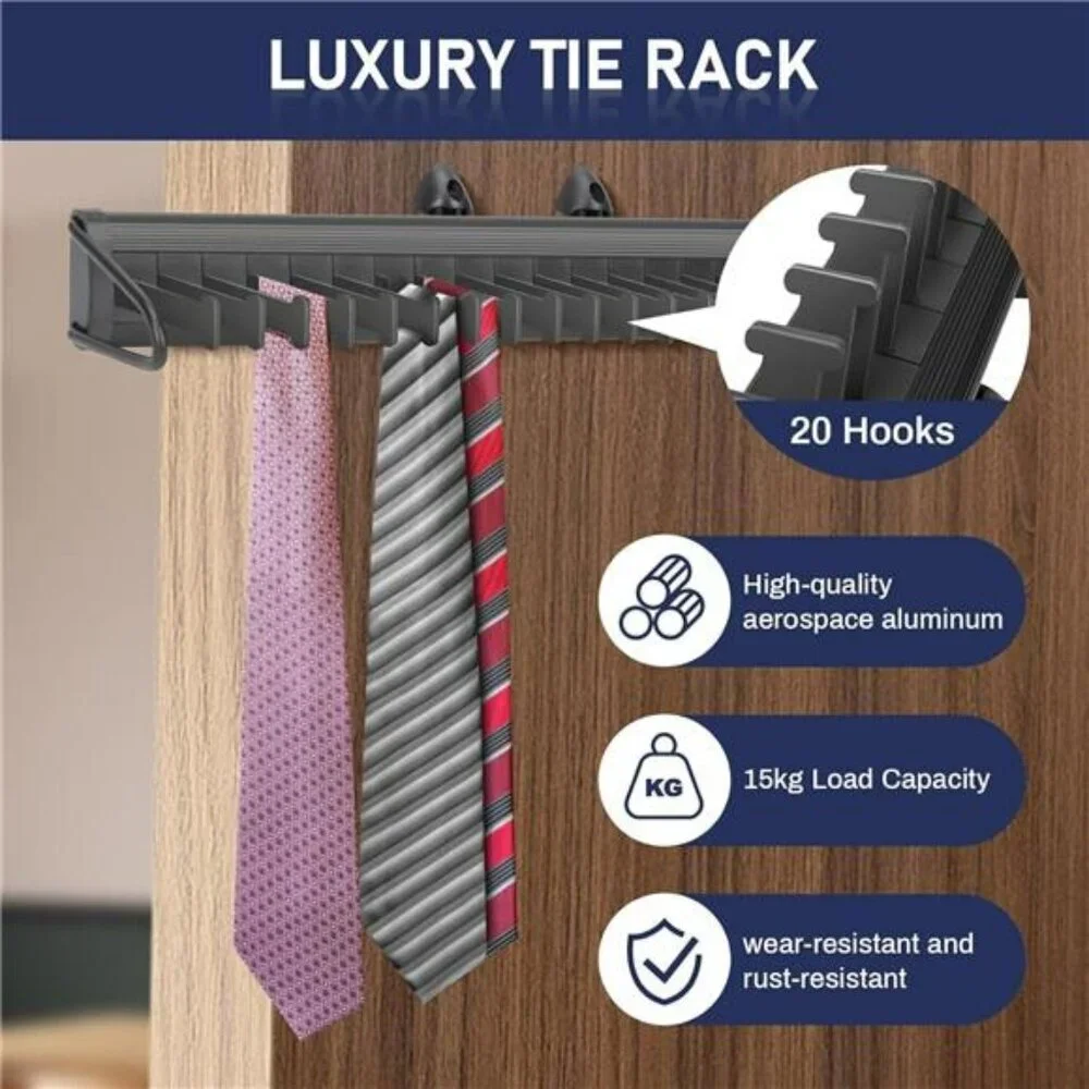 Sliding Tie Rack Closet Organizer 20 Hook Pull Out Belt Scarf Shawl Hanger Rail